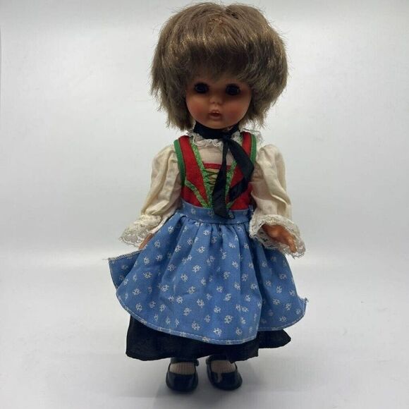 Vintage Doll Ethnic Dress Blue Green Red Lace Trims Sleepy Eyes 11" - Picture 1 of 16